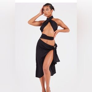 Black Woven Halterneck Tie Skirt Detail Midi Dress